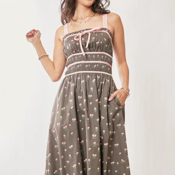 Davi & Dani Contrast Velvet Tape‎ Smocking Bodice Midi Dress - Picture 6 of 11